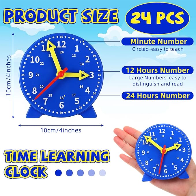 Batiyeer 24 Pcs Teaching Clock Kit for Kids to Tell Time Teaching Mini Geared Clock for Kids Basic Math Development Teacher and Classroom Supplies, 4 Inch (Dark Blue)