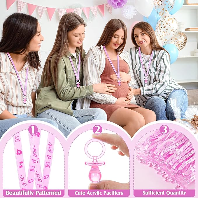 100 Pieces Baby Shower Pacifiers Necklace, Cute Acrylic Pacifier Necklaces for Chupones para Baby Shower Games Charm, Party Favors, Decorations DIY, Gender Reveal Table Scatter(Pink)