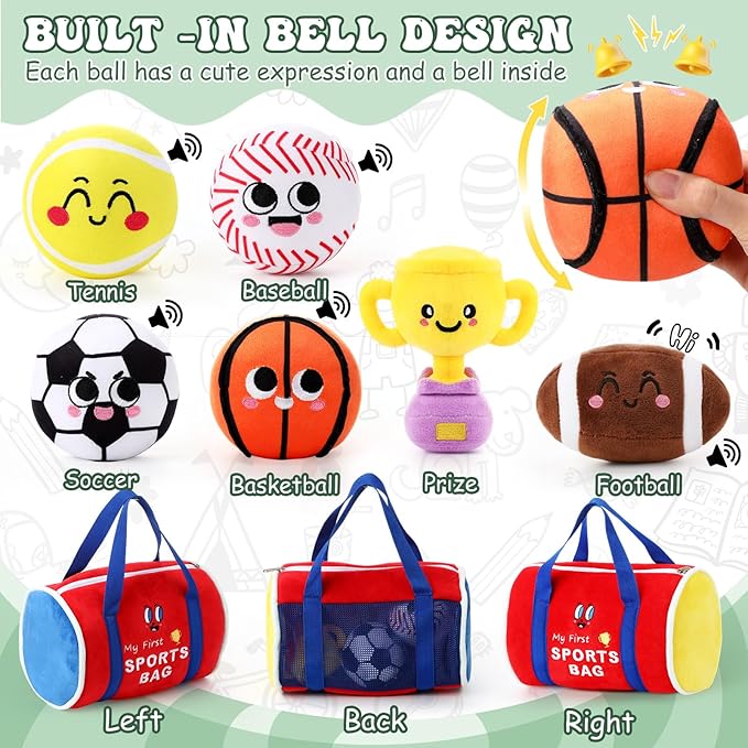 HyDren 7 Pcs My First Sports Bag Plush Toys Playset, Bulit-in Bell Sports Balls and Trophy for Kids Throwing Toys Gift for Boys Girls Early Education