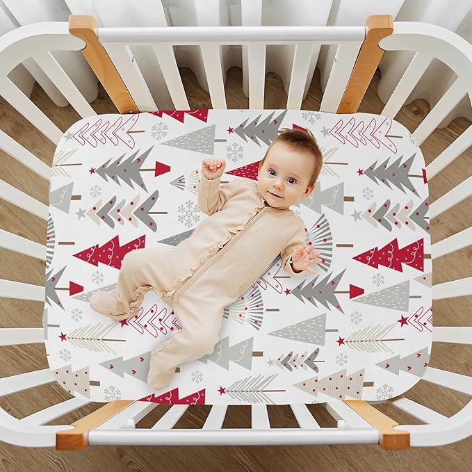 Fitted Crib Sheets Christmas Cartoon Tree Stretchy Portable Playard Sheets for Baby Toddler, Breathable Soft Mini Crib Mattress 52 x 28 in for Boys and Girls