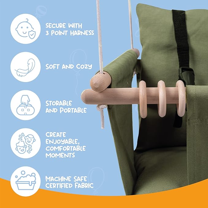 Indoor Outdoor Baby Swing with 3-Point Harness and Hardware for Ceiling, Porch, Doorway, Canvas Toddler Swing Seat Green