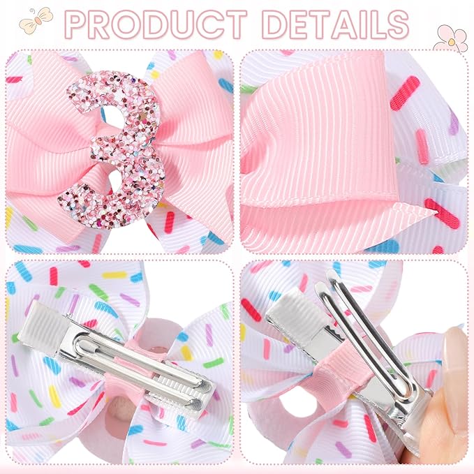 Birthday Hair Bow Hair Clips for Girls 1 2 3 4 5 6 Years, Baby Girl Accessories Bow Birthday Decorations, Pink Baby Girls Ice Cream Hair Bows Clips for 3th