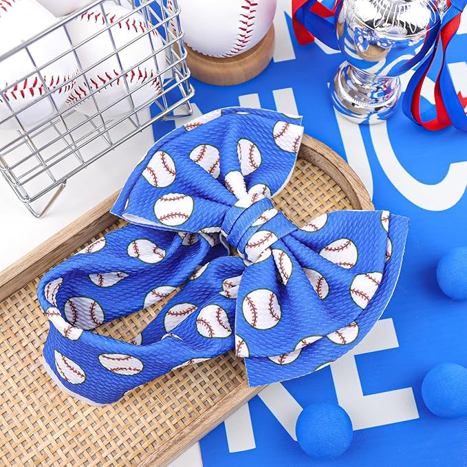 YanJie 7" Baby Girl Baseball Sports Printed Super Large Double Layers Bow Headband Blue Infant Toddler Messy Bow Headwrap Game Hair Accessories Hairband Baseball Game Day Sports Bows for Girls Outfit