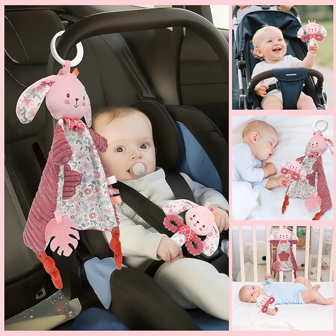 GKDOMS Baby Lovey Rabbit Stuffed Animal for Infant Boys and Girls, Security Blanket and Hand Shaker Set Newborn Stuffed Hanging Animal Plush Snuggle Toy Baby Showers Thank You Gifts