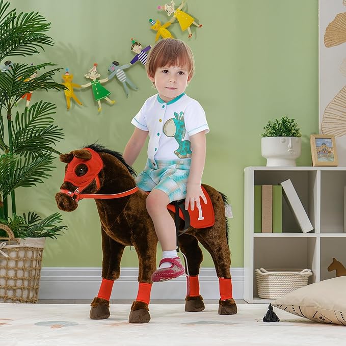 Qaba Ride on Horse for Kids 3-8 Years Old, Toddlers Riding Horse with Neighing Sound, Ride on Animal Pony Toy with Saddle & Stirrups, Brown