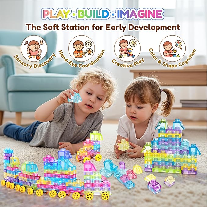 Soft Train Building Blocks with Wheels, 42 PCS Montessori Sensory Stacking Blocks, Toddler Learning Toy with Station, Squeezable, Stretchable & Stackable Tactile Toys, Preschool Creative Play for Kids