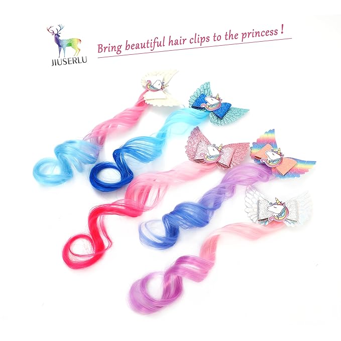 5- Colored Angel Wings Hair Bows Hair Extensions For Girls, Glitter Unicorn Hair Accessories (5PCS)