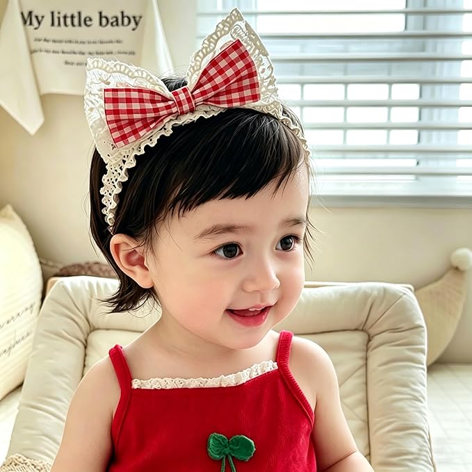Baby Girls Hairbands Bow Lace Headband Handmade Soft Stretchy Pink Bowknot Hairbands Newborn Hairband with Bows Elastic Hair Bands for Kids Infant(Red Plaid Bow
