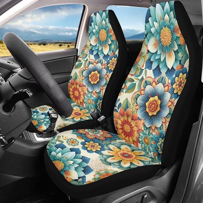 Hippie Flower Car Seat Covers 2 Pcs, Waterproof Universal Front Seat Protector, Easy to Install Automobile Interior Decorate Accessories Universal Fit for Car SUV Trucks