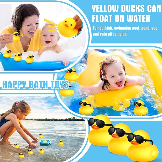 Chivao 100 Pcs Rubber Ducks with Sunglasses in Bulk Mini Yellow Rubber Duck Gifts Squeak Bath Float Bathtub Toys for Cruise Gift Exchange Birthday Party Supplies
