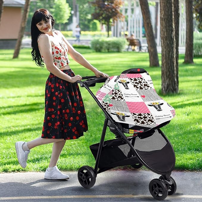 Personalized Baby Car Seat Cover for Babies, Custom Name Baby Car Seats Canopy for Girls, Nursing Breastfeeding Stroller Covers for Infant Newborn, Shower Gift for Baby (Farm Cow Pink)
