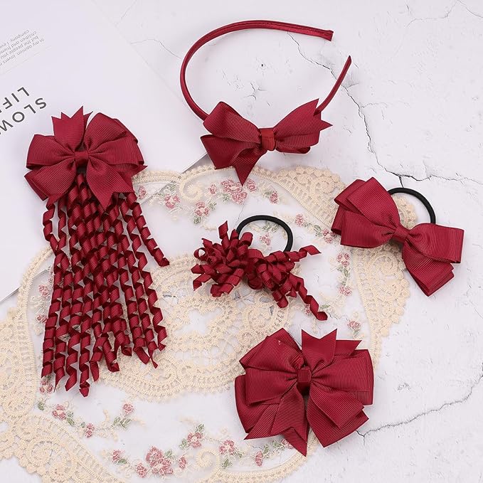 School Hair Accessories Set 14 Pcs Uniform Hair Bow Headband Clips Hair Ties Curly Korker Bows for Little Toddler School Girls (Burgundy)