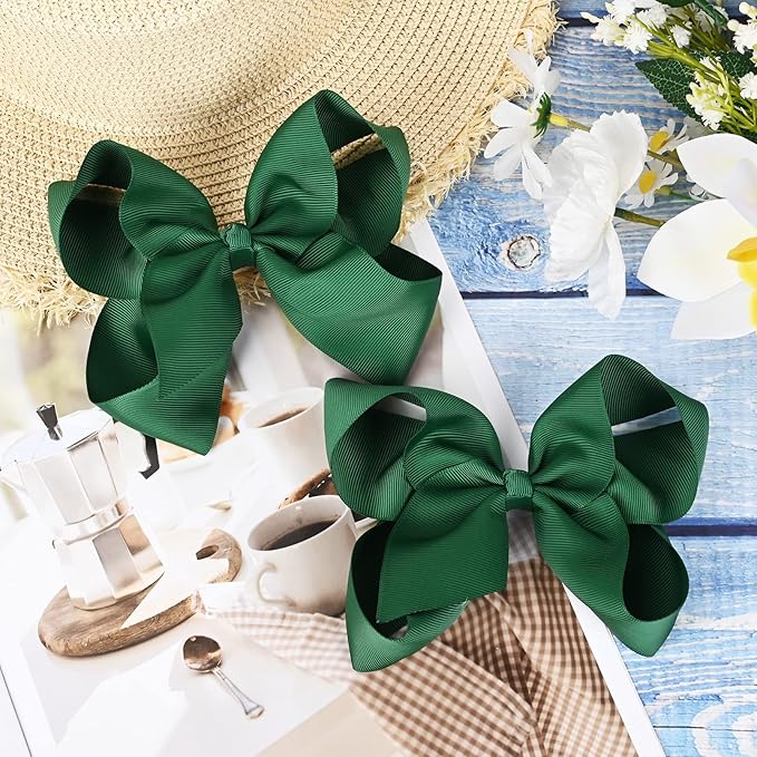 DEEKA 2 PCS 6" Big Hand-made Grosgrain Ribbon Solid Color Hair Bows Alligator Clips Hair Accessories for Little Teen Toddler Girls Kids Set of 2 -Hunter Green