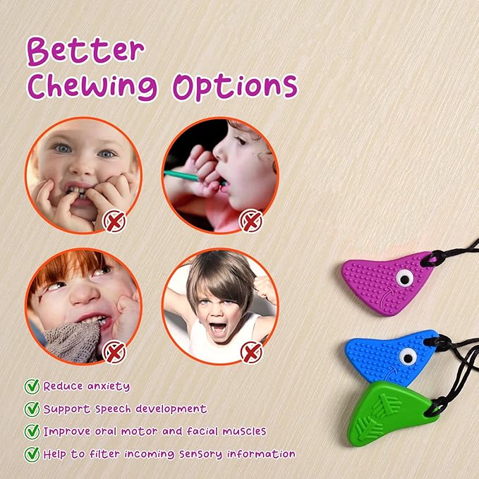 Chew Necklaces for Sensory Kids, Seeway Chewy Necklace Sensory Motor Aids, 3 Pack Silicone Sensory Chew Toys, Different Textures Chewelry, Improve Concentration【Blue, Green, Purple】