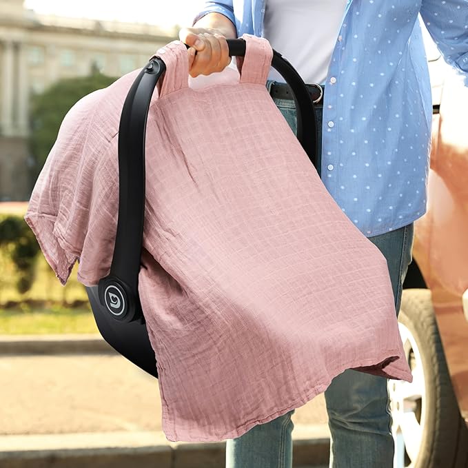 Meracorallo Muslin Baby Car Seat Cover, Lightweight Breathable Soft Infant Carrier Cover Carseat Canopy for Baby Boys and Girls, Pink & Beige