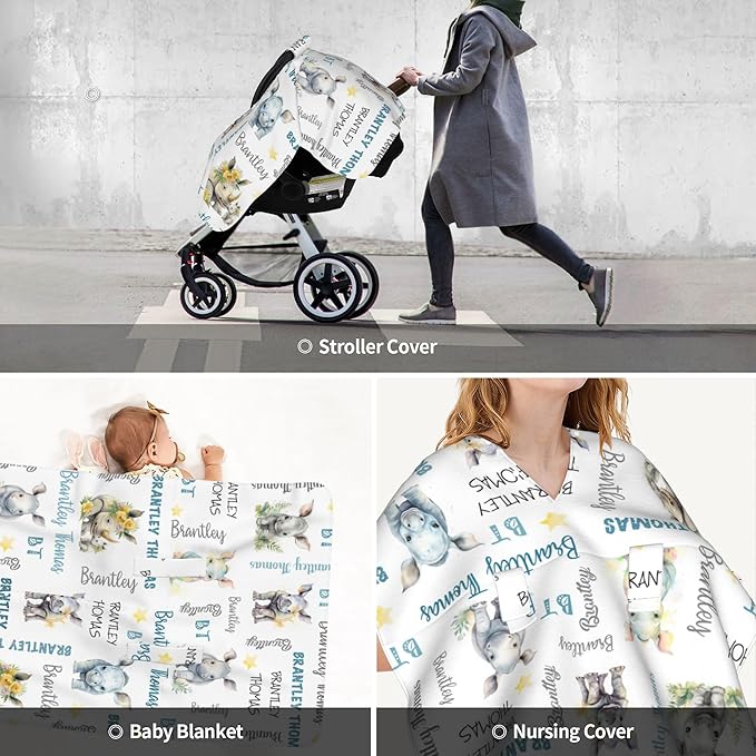 Personalized Winter Baby Car Seat Cover with Name Rhinoceros Car Seat Cover for Baby Seat or Stroller Custom Infant Car Seat Covers Rhino Minky Blankets Nursing Cover Breastfeeding Scarf