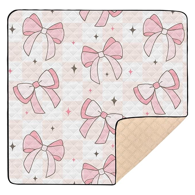 Baby Play Mat Pink Bows on Checkerboard 50 x 50 Playpen Mat for Floor Play Gym Crawling Non-Slip Cushioned Baby Playmat for Infants, Babies, Toddlers