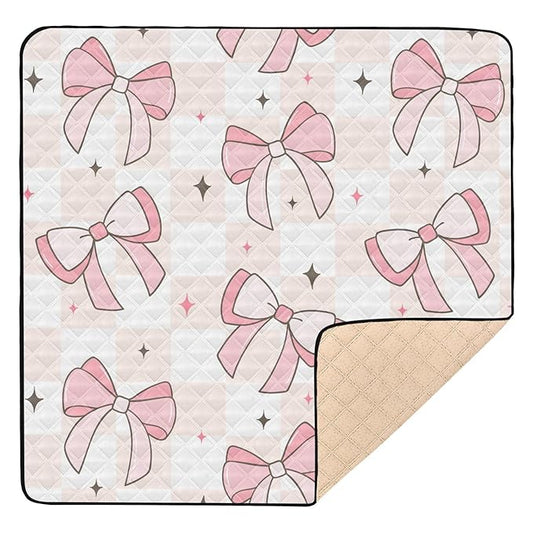 Baby Play Mat Pink Bows on Checkerboard 50 x 50 Playpen Mat for Floor Play Gym Crawling Non-Slip Cushioned Baby Playmat for Infants, Babies, Toddlers