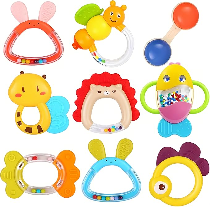 MOONTOY 9pcs Baby Rattles Infant Teething Toys Teethers Sensory Toys for Babies 3-6 Months 6-12 Months Boy Girl Gifts