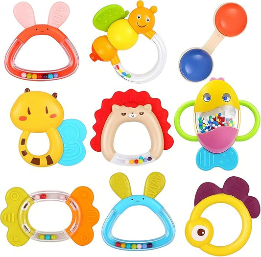 MOONTOY 9pcs Baby Rattles Infant Teething Toys Teethers Sensory Toys for Babies 3-6 Months 6-12 Months Boy Girl Gifts