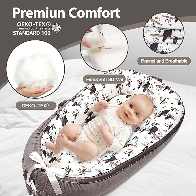 Baby Lounger-Breathable and Soft Organic 100% Cotton, Portable Infant Lounger with Removable Lounger Cover, Baby Nest Lounger for Newborn - Grey Panda