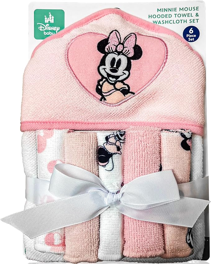 Cudlie Accessories Disney Baby Minnie Mouse Hooded Towel with 5 Piece Washcloth Set (Pink)