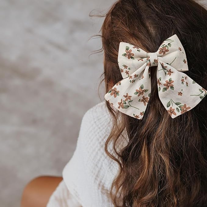 Hair Bows with Hair Clips for Girls Toddler Baby,Handmade 5" Flower Print Embroider Big Bows,FANCY CLOUDS Boutique Hair Accessorioes Gifts for School Kids