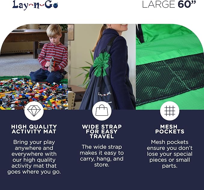 Lay-n-Go Layflat Portable Drawstring Cinch Storage Toy & Mini Figures Organizer & Play Mat, Mesh Pockets, Home & Travel, Kids & Toddlers Playdates, 2 Straps for Backpack, Durable, Machine Washable