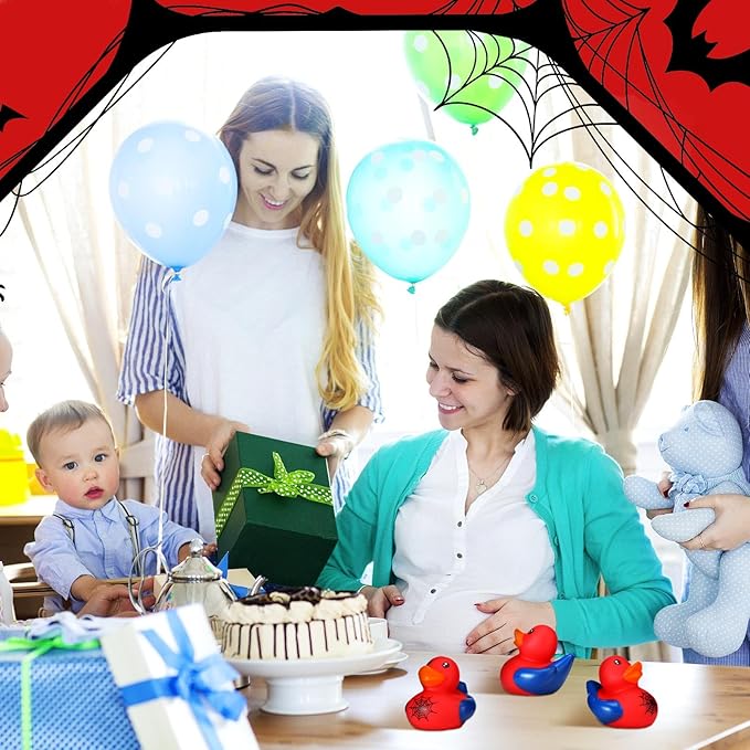 Leyndo 24 Pcs Spiderweb Rubber Duck Bulk Spiderweb Birthday Party Decoration Favors Squeaky Red Blue Duck for Bathtub Floating Pool Gifts Party Supplies