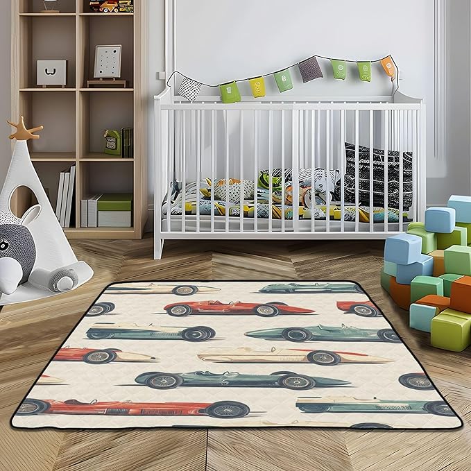 Race Cars Vintage Baby Playmat Washable Playroom Crawling Mat Non-Slip Play Mats for Floor 50x50 Mat