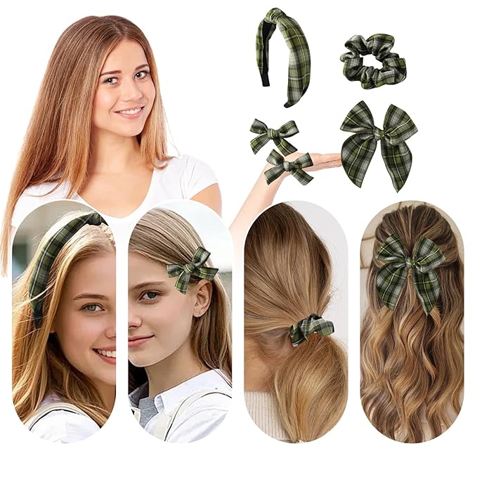 5 Pcs Striped Headband Set with Hair Knotted Scrunchies Bow, Padded Headbands for Women, Christmas Hair Bows & Clips Accessories for Girls (Green-A)