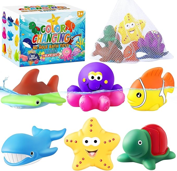 Toddler Easter Egg Fillers Color Changing No Hole Bath Toys for Kids Ages 1-3 4-8, Toddler Bath Toys Sea Creatures Easter Basket Stuffers Pool Bathtub Beach Water Toys Sea Animal with Drying Bag