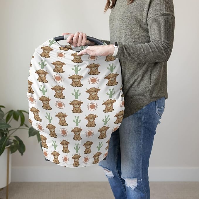HawSkgFub Boho Highland Cow Cactus Sun 5-in-1 Car Seat Cover for Baby Girl Gift, Brown Bohemia Western Privacy Breastfeeding Nursing Cover, Newborn Infant Multi-use Carseat Canopy Carrier