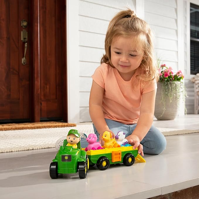 John Deere Animal Sounds Wagon Ride Musical Tractor Toy - Musical Toddler Toys - Includes Farmer Figure, Tractor, and 3 Farm Animals - Easter Basket Stuffers for Toddler - Ages 12 Months and Up