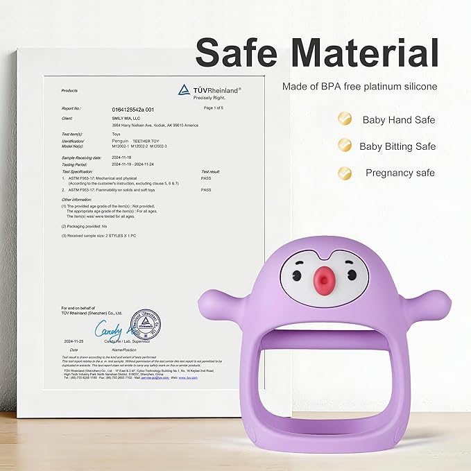 Smily Mia Penguin Teethers, Silicone TeethingToys for Babies 0-6Months, Baby Teethers for 3-6Months, Hand Teether for Infants, Teething/Teether Pacifiers for Infants, Light Purple