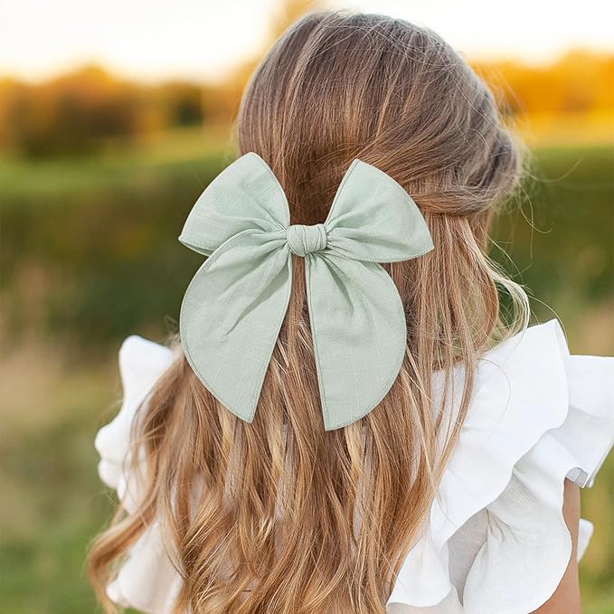 YHXX YLEN 5PCS Green Cotton Linen Hair Bows for Girls Handmade Alligator Clip Hair Accessories for Babies Infant Toddlers Kids(5inch×1, 4inch×2, 3.5inch×2)