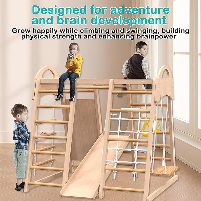 Indoor Playground, Wooden Indoor Jungle Gym for Kids, Toddler Climbing Toys with Stair Slide Swing Set Monkey Bars, Gym Equipment for Backyard, Outdoor Playset for Kids Aged 3-8 (9-in-1)
