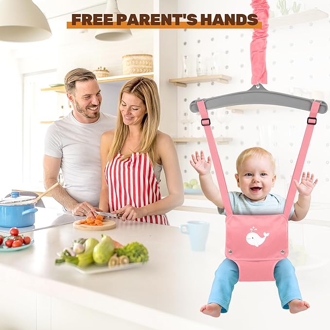 Baby Jumper with Stand, Foldable Activity Jumper for Infants, Height Adjustable Baby Bouncer No Doorway Needed Toddler Jumper, Portable Indoor Outdoor Baby Activity Center for 6-12 Months (Pink)