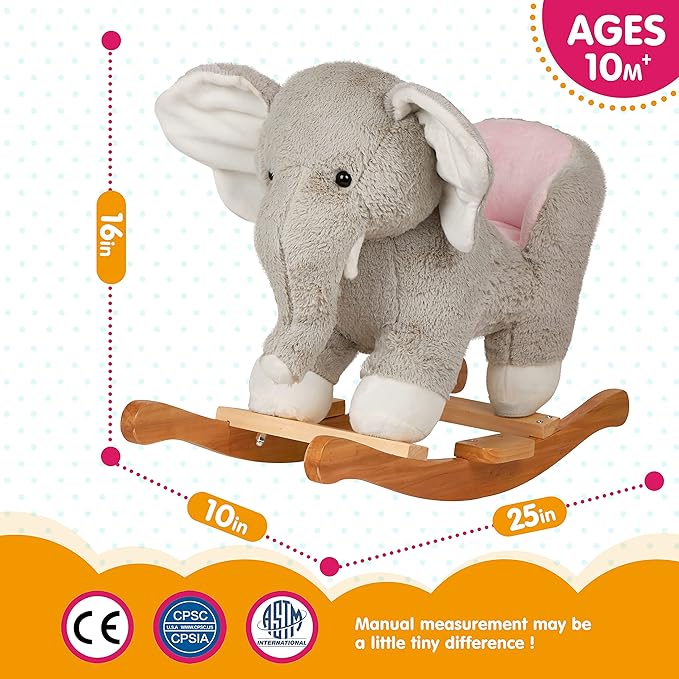 Baby Rocking Horse Wooden Rockers with Seat Elephant Rocking Horse Ride Plush Stuffed Animals Toy for Toddlers 1-3 (Gray，Elephant)