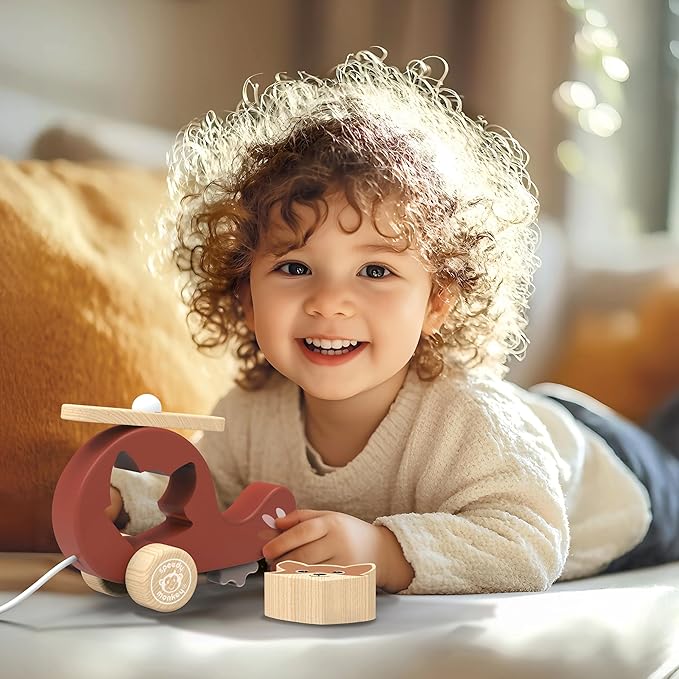 Speedy Monkey Wooden Pull‑Along Helicopter Toy for Toddlers 12m+ | Multicolor Rolling Pull Toy for Kids & Preschoolers | Early Learning Activity Toy – Fine Motor & Gross Motor Skills for Boys & Girls