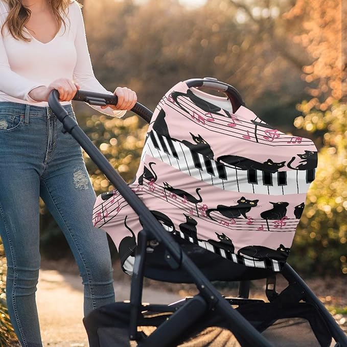AFPANQZ Black Cat Piano Stretchy Baby Car Seat Covers for Boys Girls Infant Car Canopy Spring Autumn Winter Snug Warm Breathable Windproof Open Peep Top Universal Fit