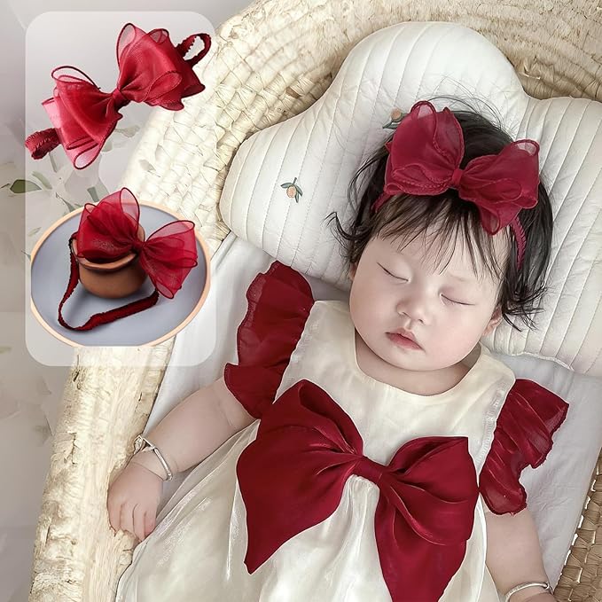 Cute Lace Bow Baby Girls Headbands Large Knot Hair Band Soft Chiffon Hairband Elastic Shower Hair Accessories for Newborn Infant Toddler Kids (Red A, Elastic)