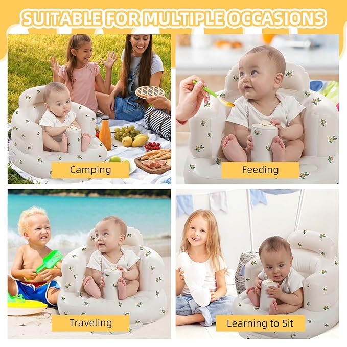 AGITVPS Upgrade Inflatable Baby Seat with Tray for Babies 3-36 Months, Built in Air Pump Bumbo Seat with Tray, Baby Chair Sit Me up Floor Seat for Baby, Learning to Sit&Feeding (Pillar-Olive)