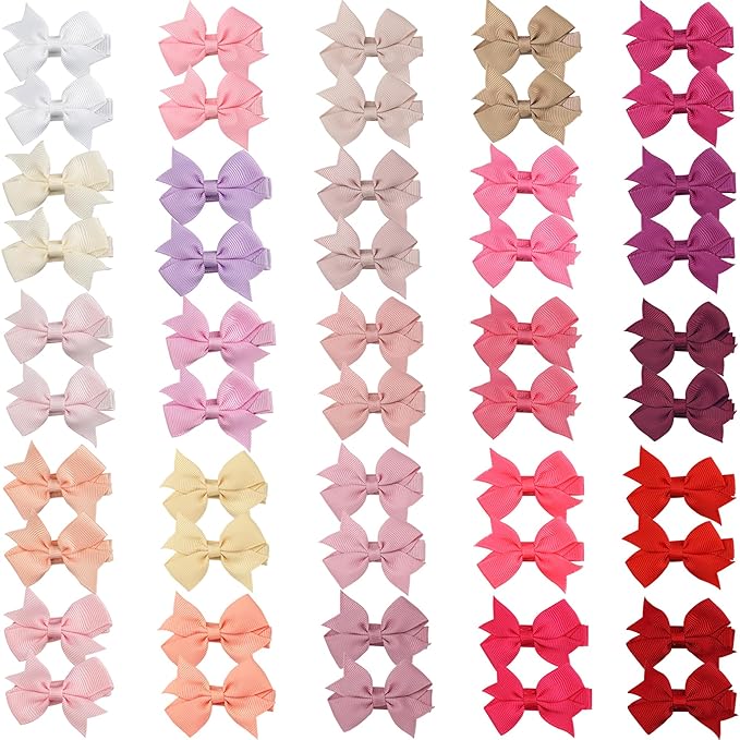 CÉLLOT Hair Clips for Girls - 50PCS Fully Lined Hair Bows Alligator Clips for Toddlers, Infants, Kids, 25 Pinky Color Pairs