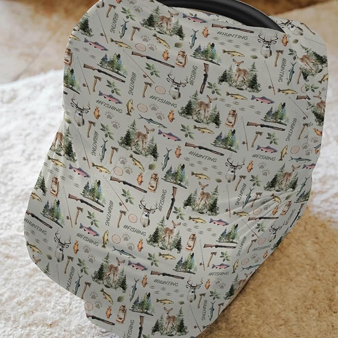 Fishing Hunting Car Seat Cover for Babies Bass Fish Deer Paws Green Forest Stretchy 5-in-1 Cover Adjustable Car Canopy Breastfeeding Cover Nature Hunting Animals Breathable Nursing Cover-Up