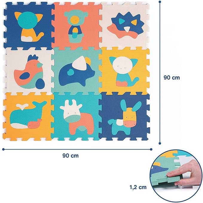 LUDI Animal Rug - Giant Puzzle - 9 Foam Tiles - From 10 Months - Awakening Baby - Develops Wellbeing, Touch, Discovery and Reflection - 90 x 90 x 1.2 cm