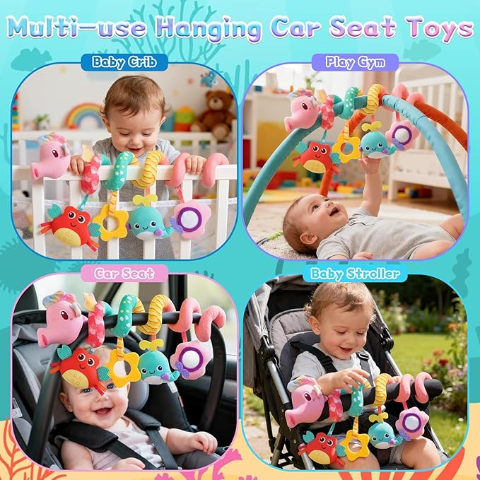 Car Seat Toys for Baby Toys 0-6 Months, Hanging Crib Stroller Toys with Rattle, Mirror, Crinkle, Squeaky Spiral Baby Activity Carseat Sensory Toys for Newborn Infants Girls Birthday Gifts