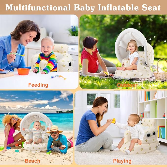 Zooawa Inflatable Baby Seat with Detachable Canopy, Baby Chair Sit Me Up for 6-30 Months, Built-in Air Pump Blow Up Floor Seat for Kids, Inflatable Infant Chair for Beach, Garden