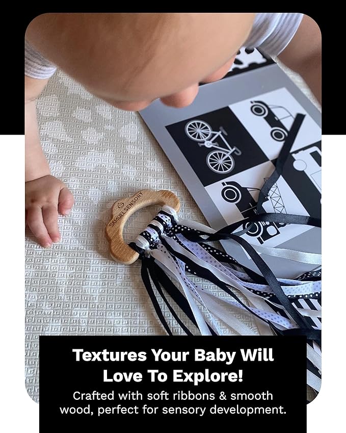 Samuel Sensory Toys Cloud Ribbon - Black and White Baby Toys 0-3 Months Made with Beech Wood & Soft Grosgrain and Satin Ribbon - Developmental High Contrast Baby Toys & Tummy Time Toys