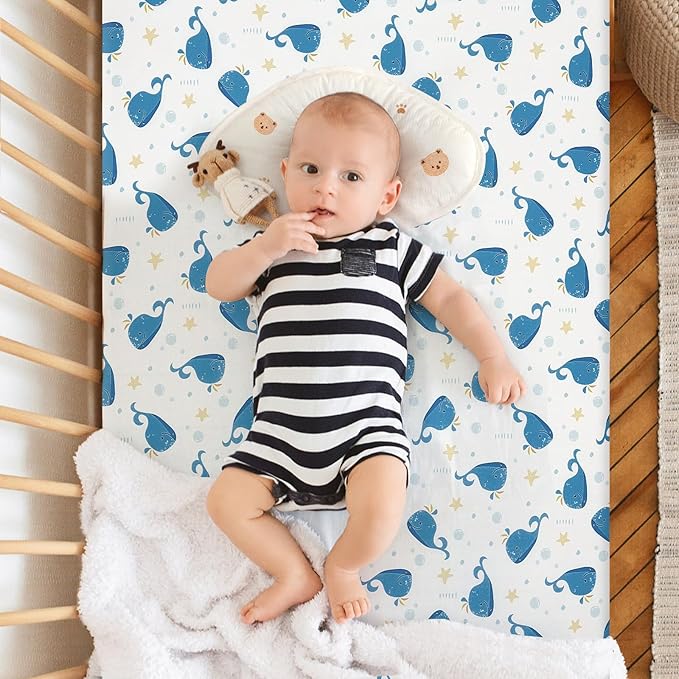 Pack n Play Fitted Sheet. 2 Piece Mini Crib Sheet. Elastic Playard Sheet. Portable Sheet Set. Elastic Convertible Playard Set. Compatible with Graco Pack n Play. (Bubble Whale and Forest)